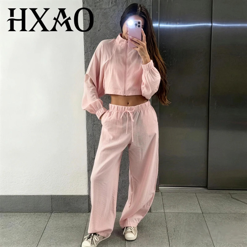 HXAO Womens 2 Piece Tracksuit Set Cropped Jacket Pants Sets Summer Long Sleeve Zip Up Top Wide Leg Trouser Suit Pink Sportswear 260922