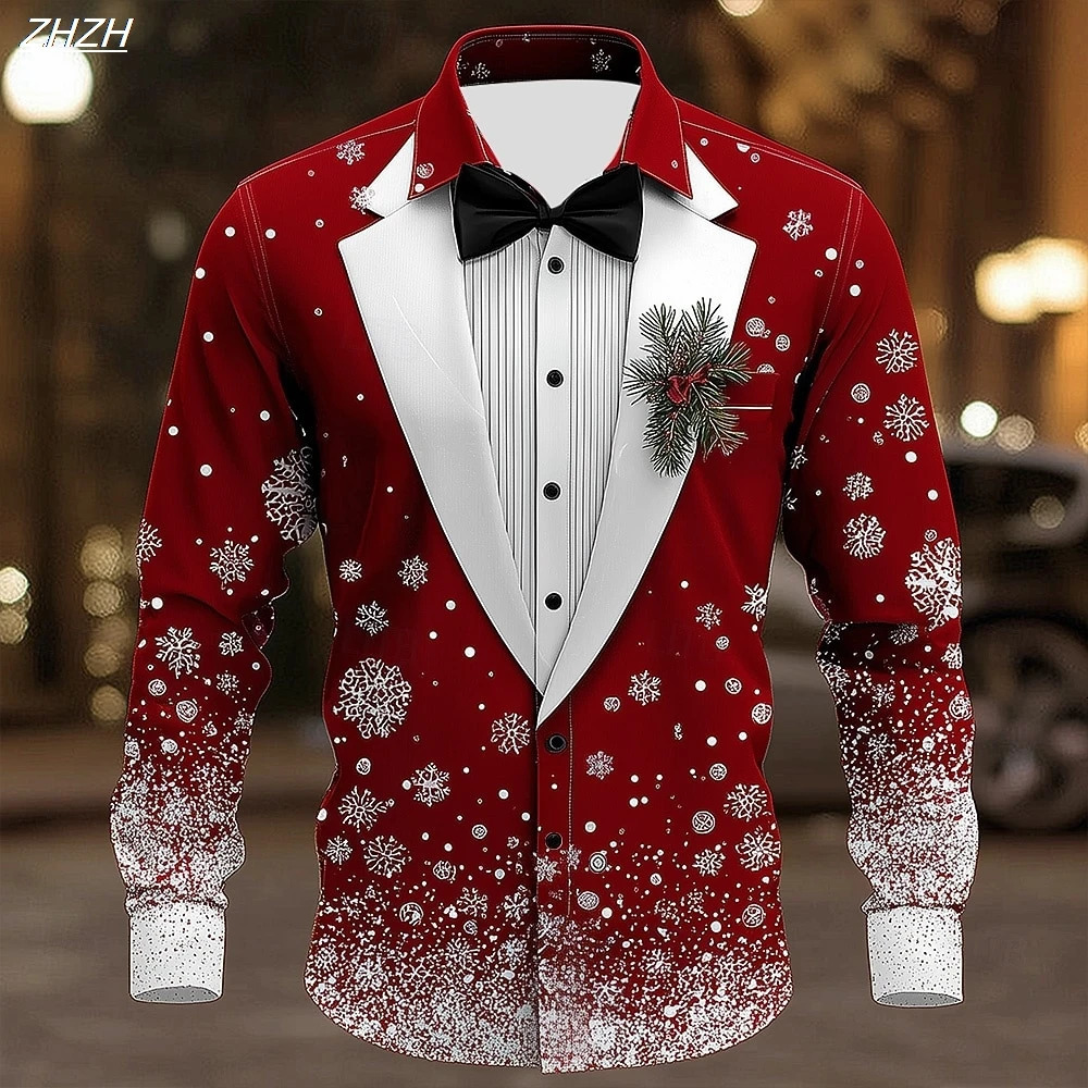Men's Christmas Snowflake Formal Shirt 3D Printed Tie n Elegant Tuxedo Style Holiday Party Wedding Attire Spring Wear 260922