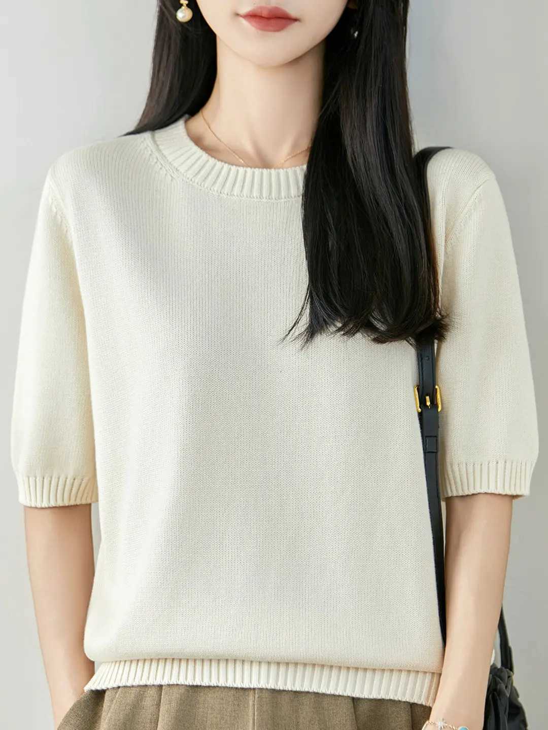 Women's Sweaters Women's Loose Fit Cotton Knitwear round Neck Short Sleeve Sweater Comfortable Breathable Fashionable Base Layer Top H2609