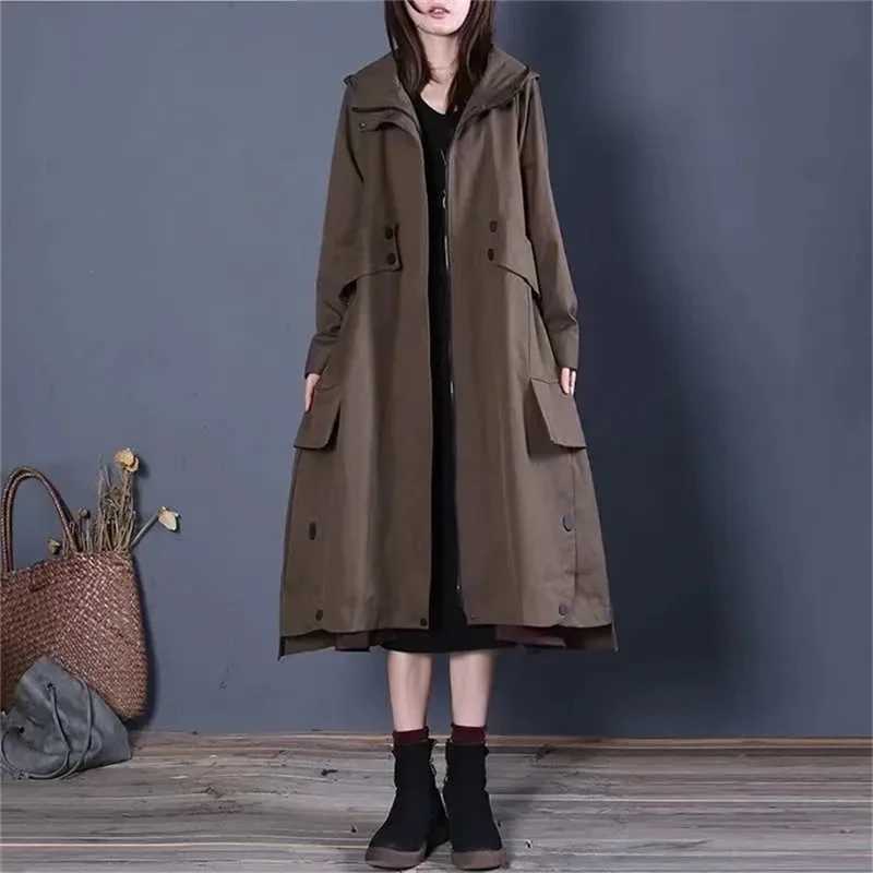 and Vintage 2026 Spring Autumn New Solid Hooded Loose Slim Cotton Windbreaker Trendy British Style Coat Women Long Outcoat Femal M260922