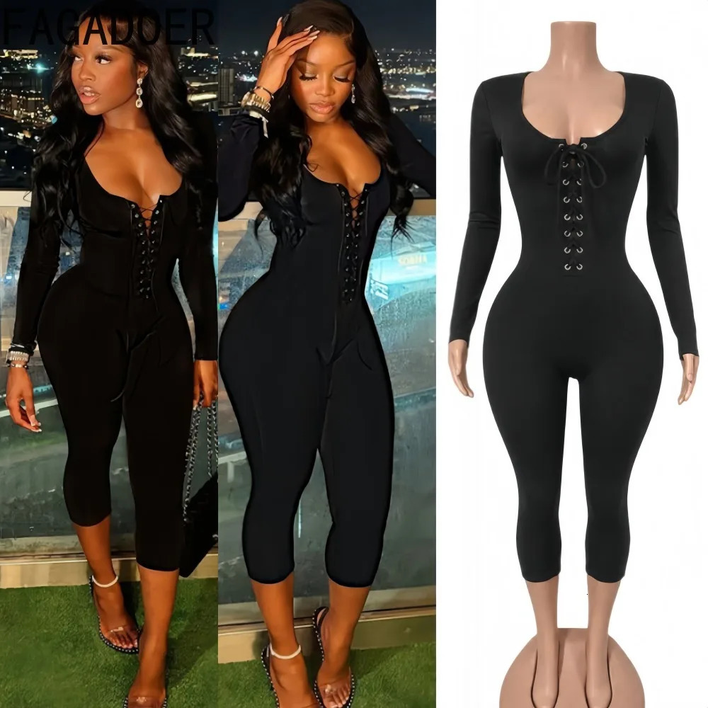 Women's Black Lace Up Front Bodycon Jumpsuit Sexy Long Sleeve Scoop Neck Slim Fit One Piece Romper Club Outfit 260918