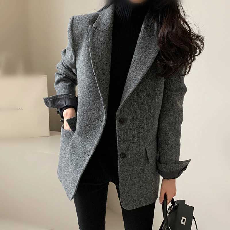 Korean Gray Wool Suit Jacket Women Long Slve Solid Casual Fashion Coat Elegant Single Breasted Twill Commuter Office Outwear S2609239TLF