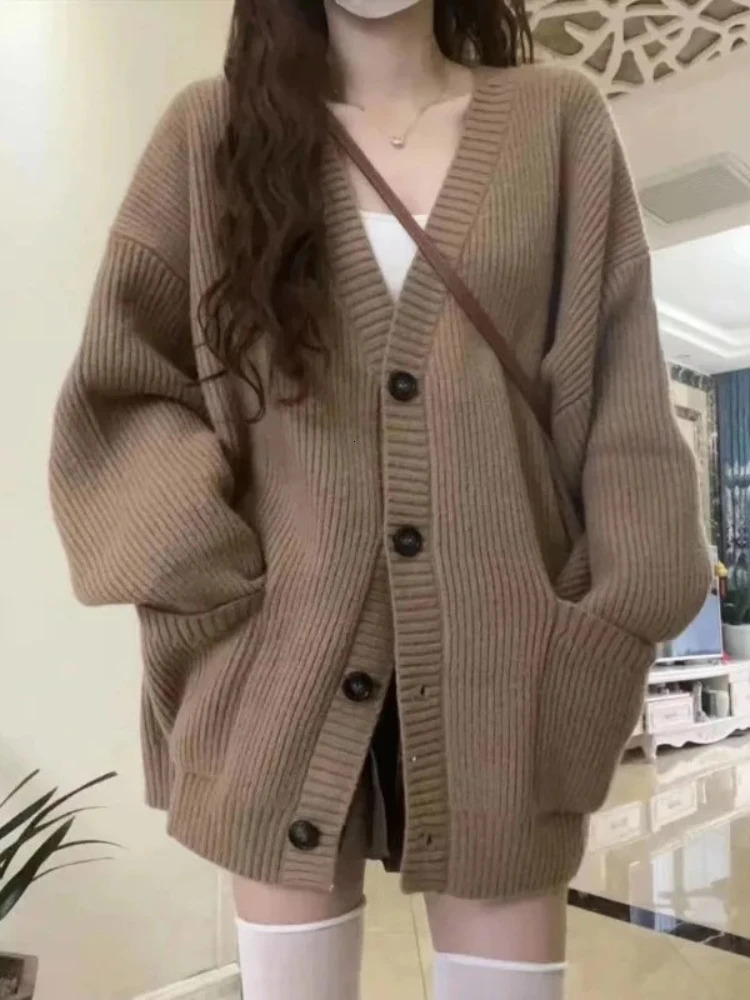 2026 Autumn Winter Women Cardigan Sweater Coats Fashion Female Long Sleeve Vneck Loose Knitted Jackets Casual Cardigans 260922
