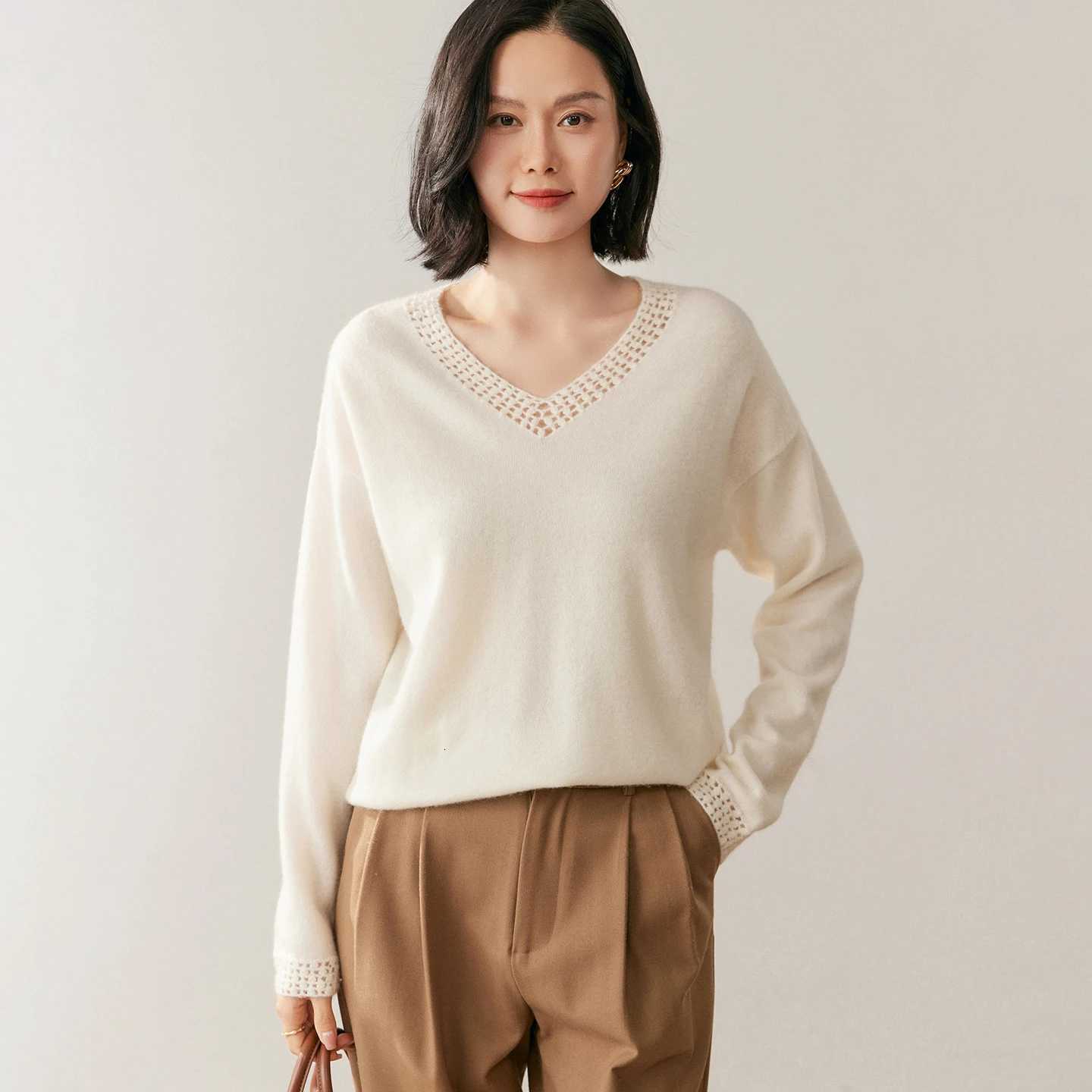 Women's Sweaters Spring and Autumn New 100% Cashmere Sweater Women's V-Neck Crocheted Pullovers Fashion High-Quality Knitwear Loose Cashme