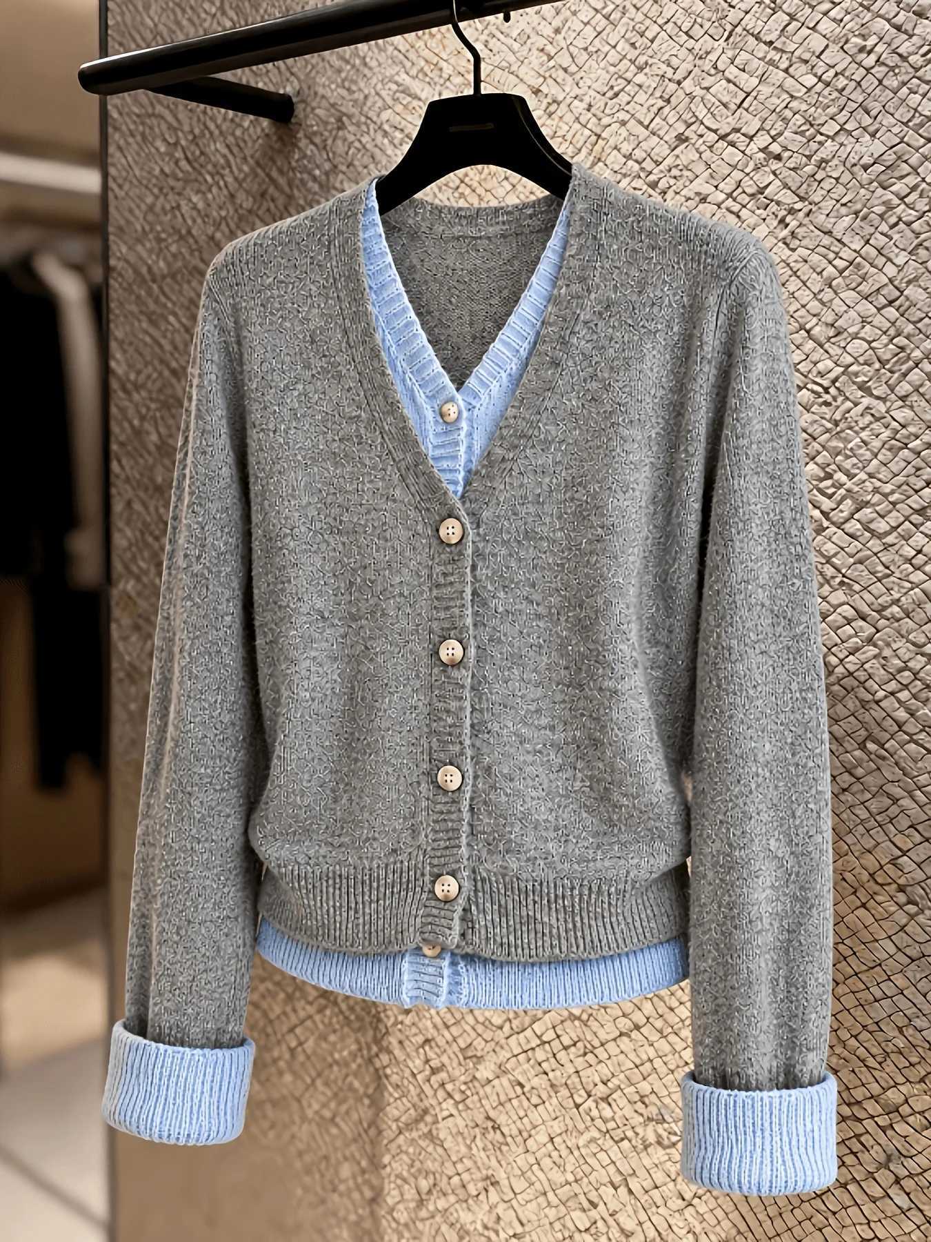 Women's Sweaters New Arrival Autumn Winter Colorblock Fake Twopiece Knit Cardigan VNeck Retro LazyStyle Loose Casual Knit Sweater Fashion H2609