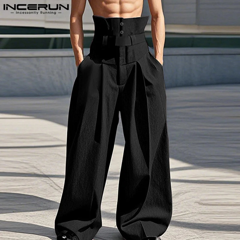 INCERUN American Style Trousers Stylish Men's Deconstruction High Waisted Long Pants Casual Solid Loose Wide Leg Pantalons 260918