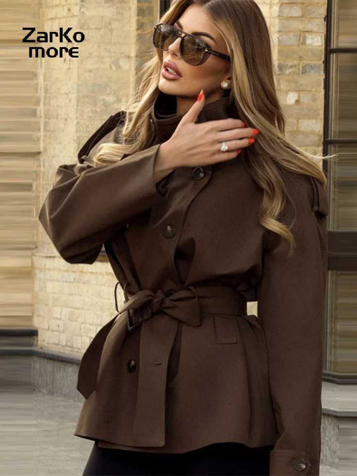 Vintage Women's Brown Short Windbreaker Jacket Loose Stand Collar Long Slve Double Breasted Belt Coat 2026 Autumn Lady Jackets M260922