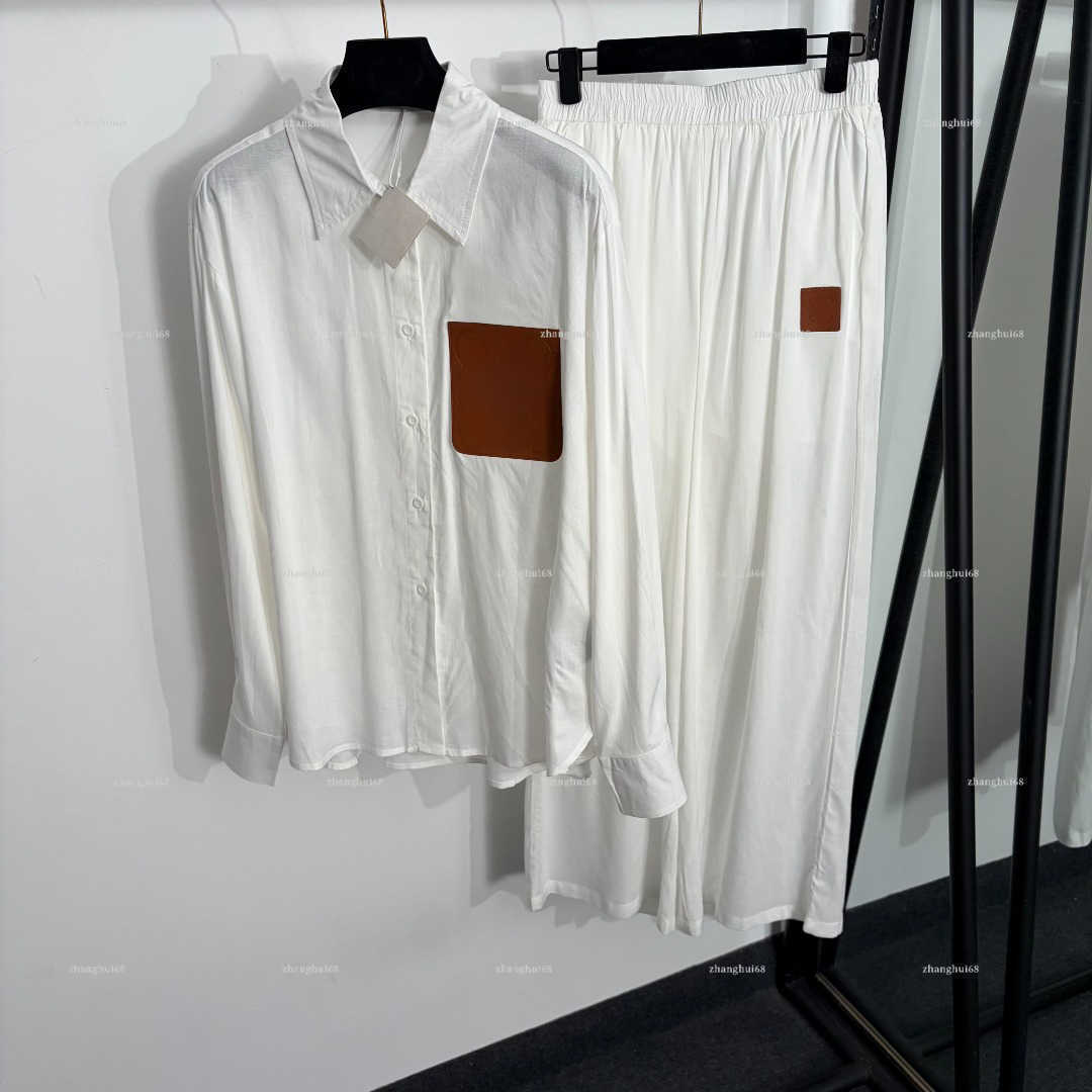 Fashion home Style two Piece Casual Outfit women designer clothes Lapel Logo Single Pocket Long Sleeve Shirt Elastic Waist Wide Leg Trousers Set co