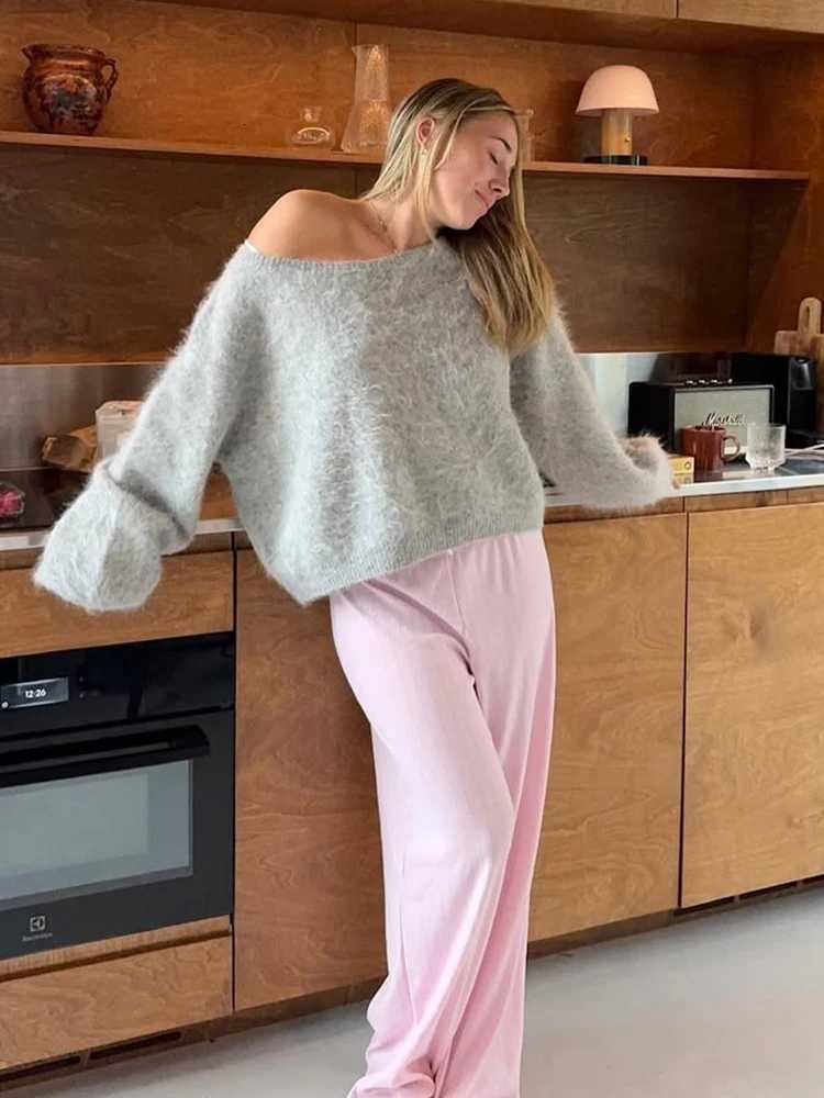 Women's Sweaters Lazy Women's Fluffy Knit Sweater Off Shoulder Solid Long Sleeve Loose Soft Furry Jumper 2026 Autumn Winter Warm Knitwear