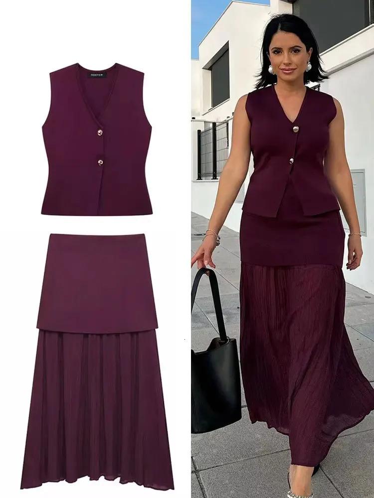 HH Women Skirt Set Wine Red Knitted V-Neck Sleeveless Slim Vest Solid High Waist Zipper Patchwork Long Skirt Street 260923
