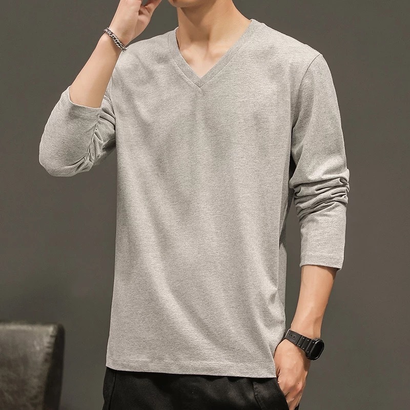 New solid-color men's long-sleeve T-shirt, slim-fit base layer, thin V-neck undershirt, loose-fitting, suitable for spring and autumn, white