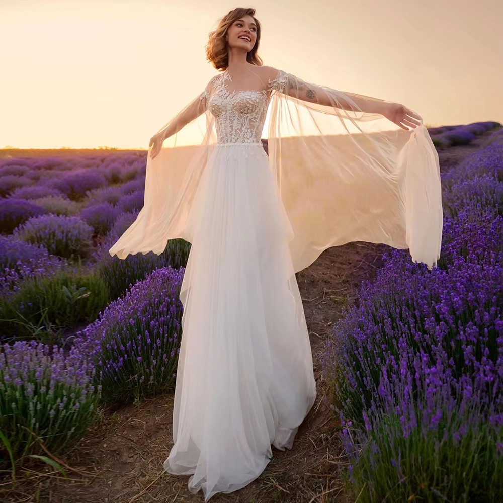 Sexy Wedding Dress for Woman Long Sleeves See Through Body Lace Applique Chiffon A Line Boho Bridal Party Gown Summer Beach Vestido De Noiva