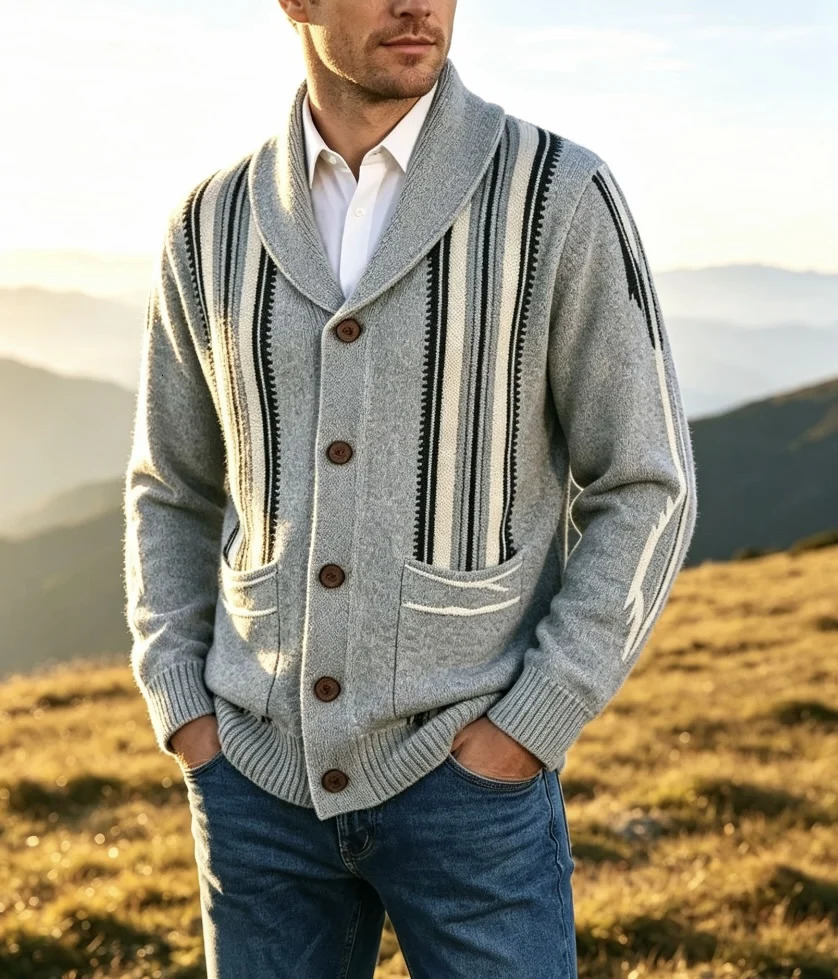 Autumn Men's Shawl Collar Striped Jacquard Knit Cardigan Retro Ethnic Pattern Casual Streetwear Casual Loose Sweater Coat 260918