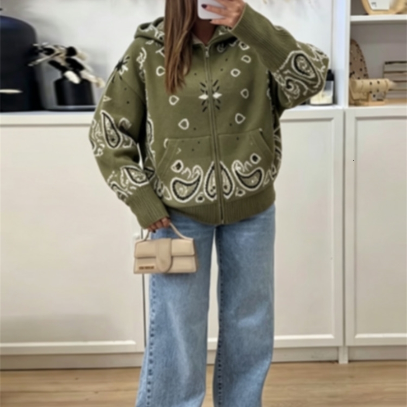 Street Printed Womens Cardigan Knitted Full Sleeve Zippers Stand Collar Pocket Lady Coats 2026 Autumn Chic Female Street Wear 260922