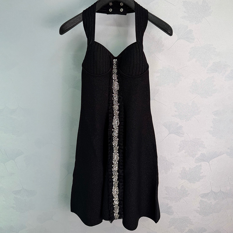 Designer Women Sexy Halter Mini Dress Elegant Rhinestone Decor A Line Black Knitted Dress Party Evening Club Dresses