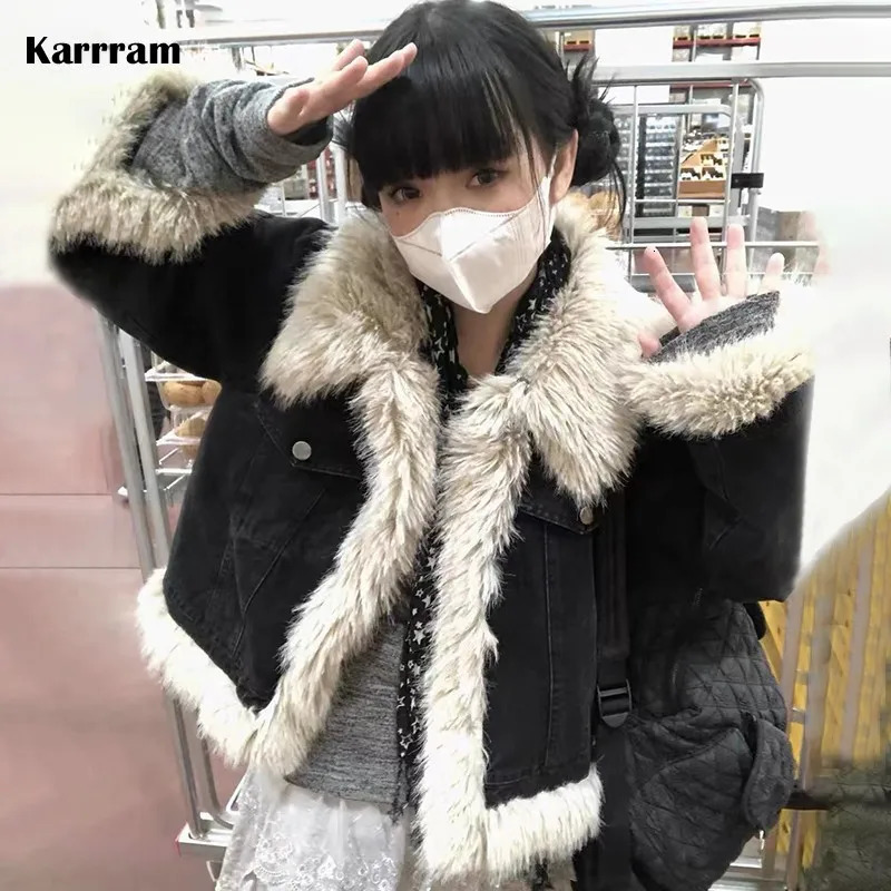Karrram Y2k Aesthetics Black Denim Coat Grunge Fairycore Jeans Fur Jacket 2000s Harajuku Winter Coat Patchwork Vintage Korean 260923