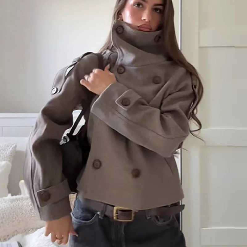 Women Cropped Double Breasted Trench Jacket Oversized Stand Collar Wool Fl Outerwear Y2K Vintage Strtwear Fall Winter Coat M260922