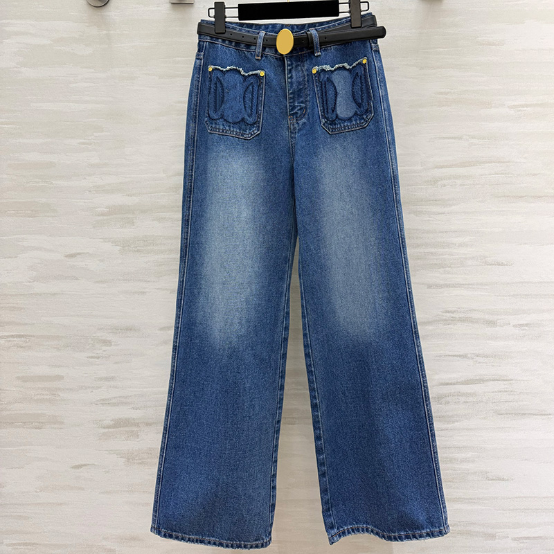 Designer Women Vintage Loose Pants Frayed Pocket Decor Wide Leg Jeans With Belts Autumn Streetwear Y2K Style Jean Trousers