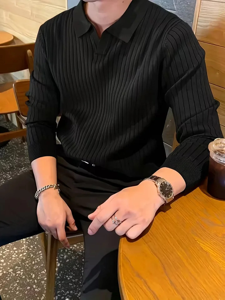 Mens Fashion Style Solid Color Lapel Ribbed Knit Long Sleeve Pullover Sweater 260922