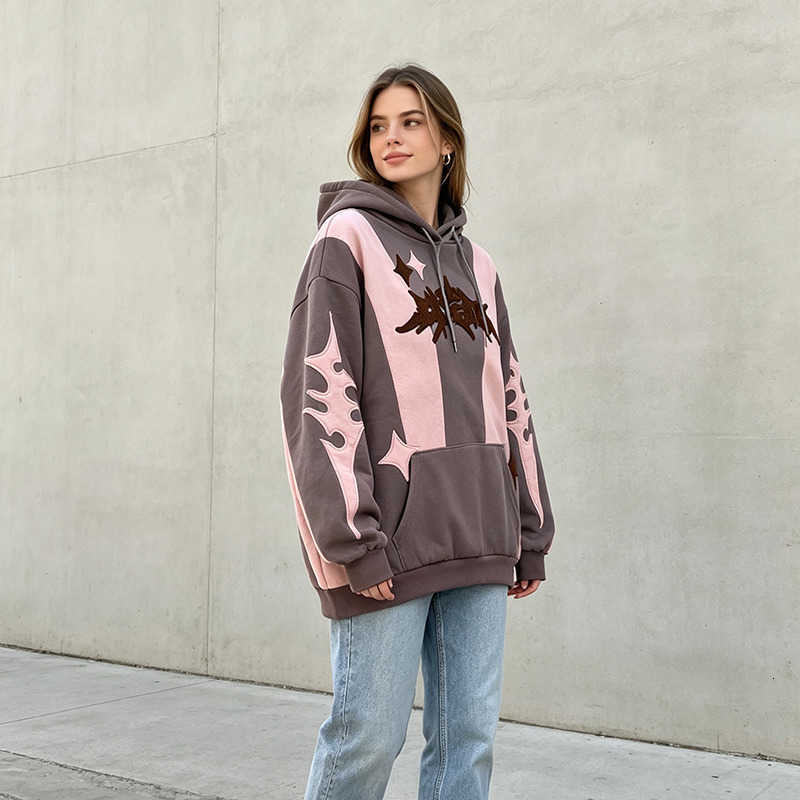 Y2K Women's Hoodies Sweatshirts Gothic Star Decal Hooded Sweatshirt Oversized Streetwear Loose Fit Pullover Contrasting Splicing Letter Print D
