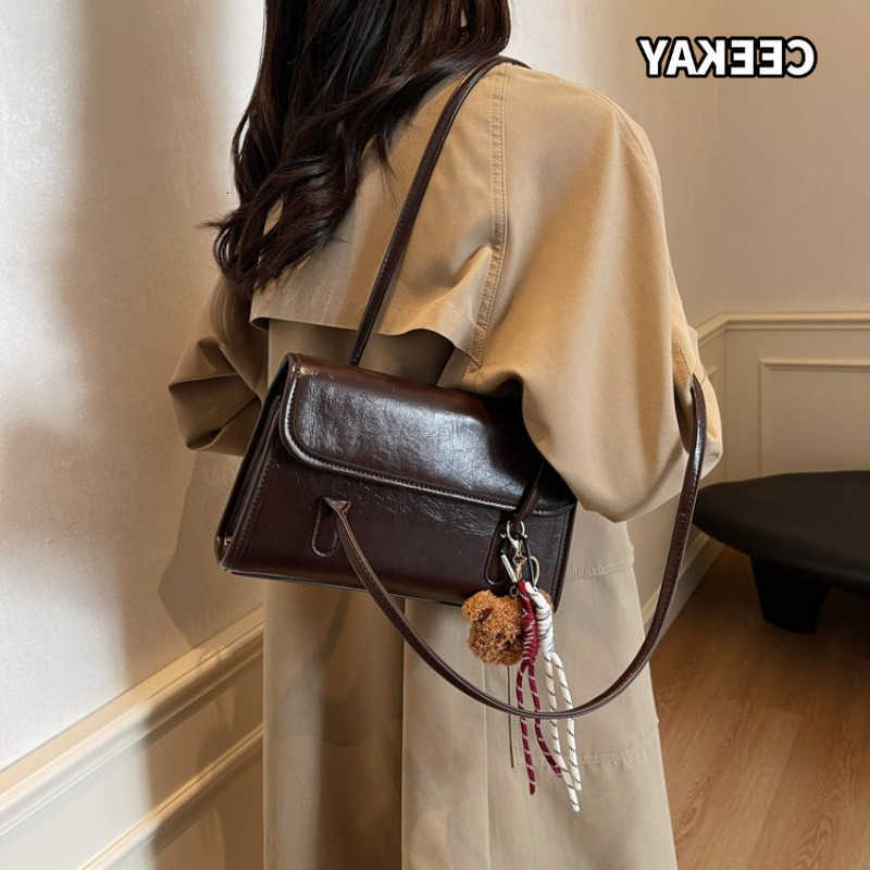 Cross Body CEEKAY Women's Shoulder Bag Dark Brown Soft PU Leather Long Shoulder Handbag Bear Pendant Daily Casual Sweet Style D260923