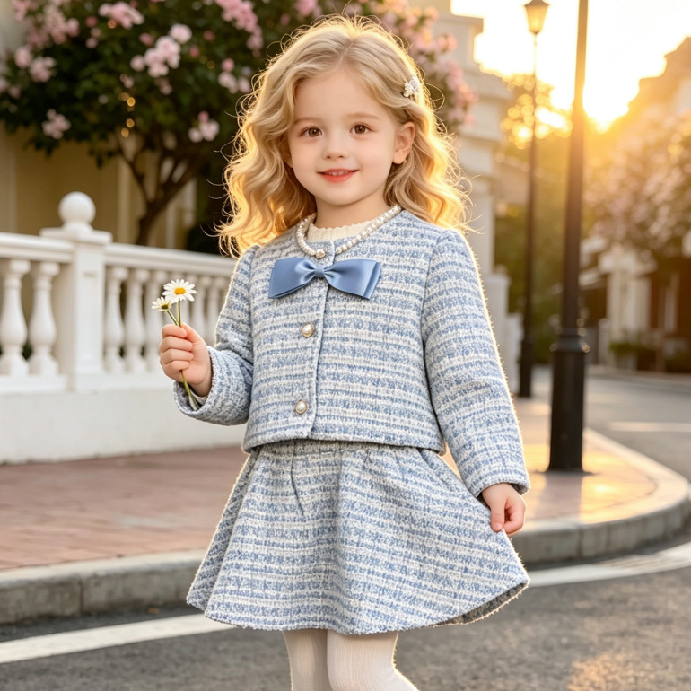 2026 girls' spring autumn new collection: stylish chic two-piece set featuring a bow-tie jacket and skirt or pants