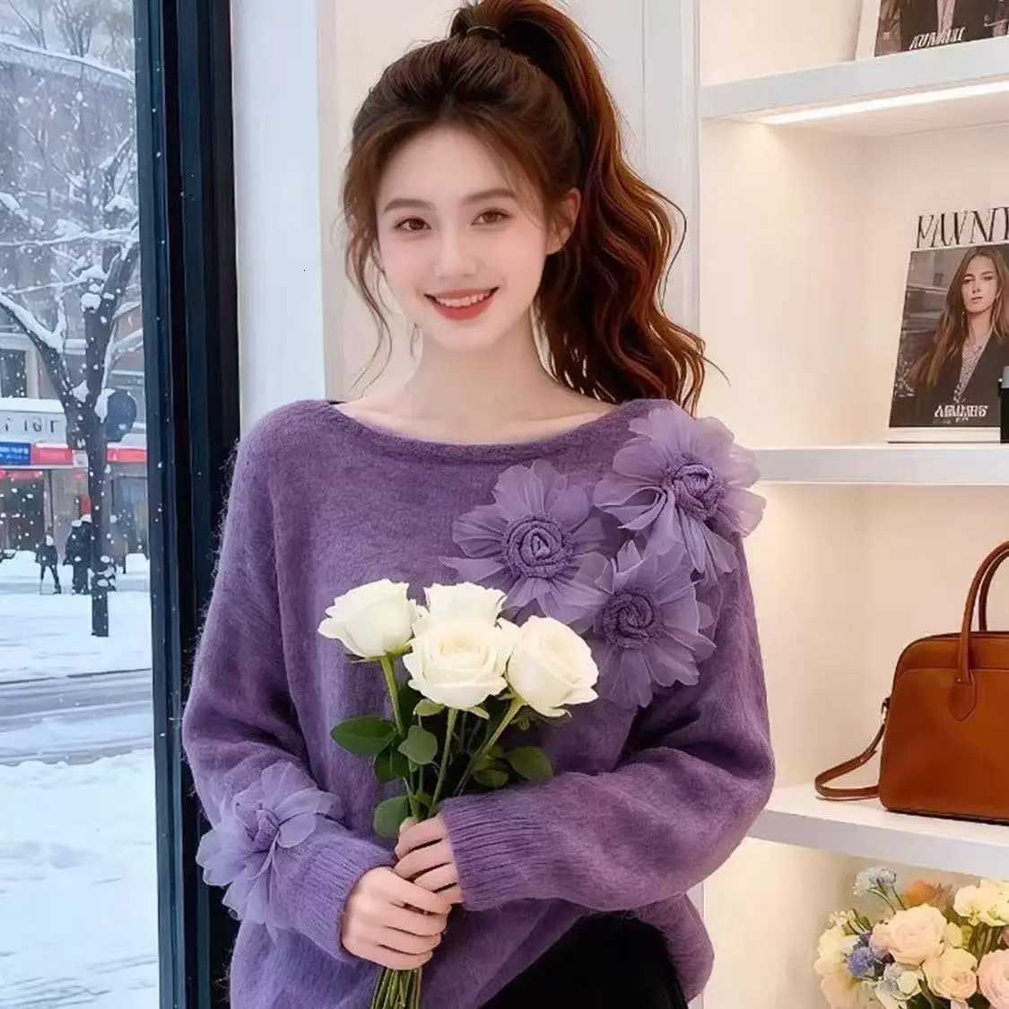 Women's Sweaters Soft Wind 3D Flower Sweater Women's Autumn Winter New Loose Warm Lazy Style Knitted Top Loose Fit Comfortable Women'