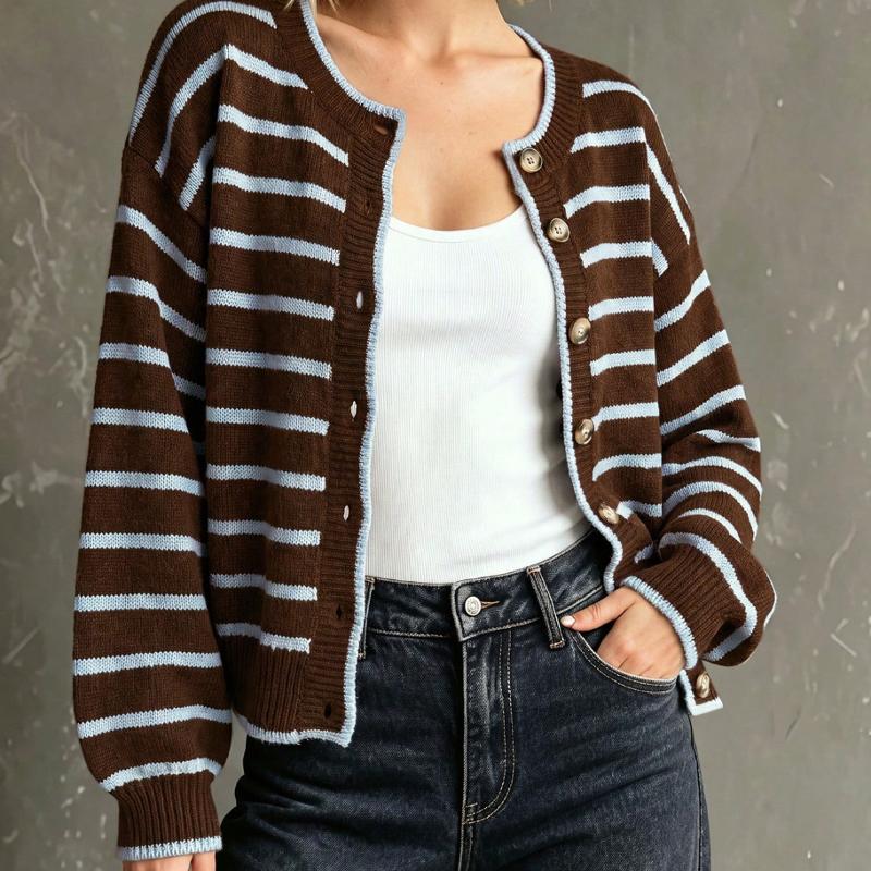 Cardigan en tricot court à la mode pour femmes, col rond, fermeture à boutons, manches longues, rayures et épissage léopard, coupe ample, manteau