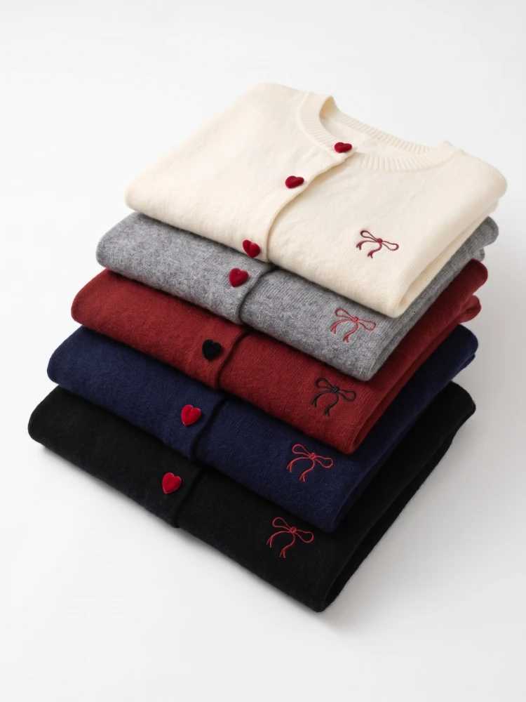 Women's Sweaters 2026 Autumn O-Neck Single Breasted Heart Button Sweater Bow Embroidery Knitted Women Cardigan Korean Casual Tops Woman Clothes