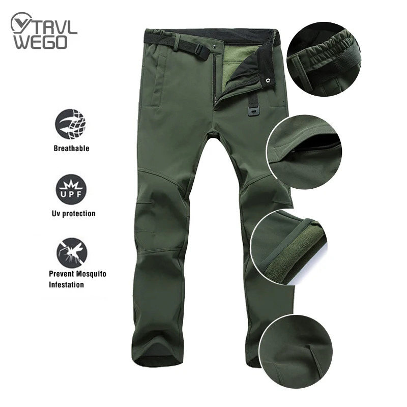 TRVLWEGO Winter Men Camping Hiking Pants Tactic Travel Soft Shell Warm Waterproof Fleece Windproof Outdoor Trekking Trousers 260923