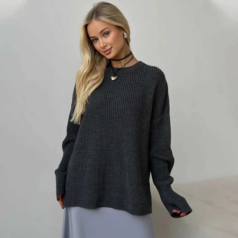 Women's Sweaters Loose Knitted Pit Strips Crew Neck Long Sleeve Pullover Sweater Women Solid Color Casual Leisure Autumn Winter New H260923