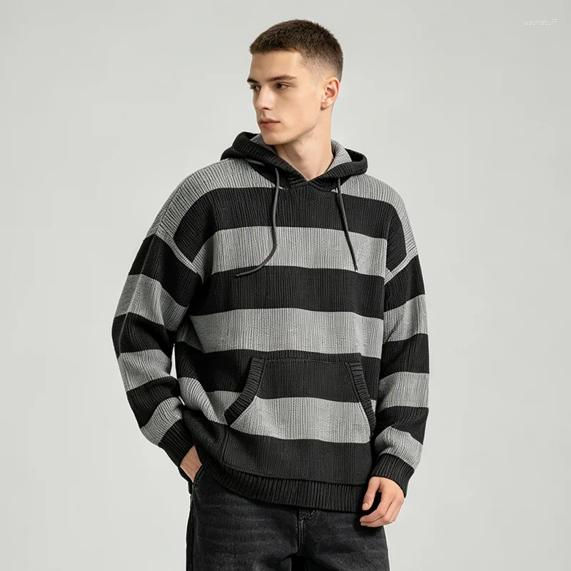 Men's Black Grey Striped Knitted Sweater Sweatshirt Casual Long Sleeve Drawstring Hooded With Pocket Autumn Loose Pullover Tops