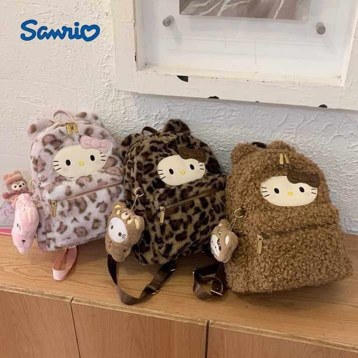 Sanrio Backpacks Korean-style ins cartoon cute Hello Kitty backpack for women large capacity leopard print plush fashion versatile handbag L260923ND