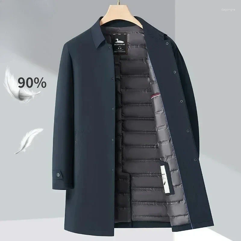Luxury Brand Long Down Jacket Men's Winter Casual Thick Flip Collar White Duck Warm Parka Business Lightweight Trench Coat