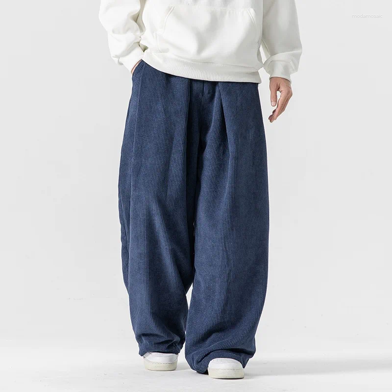 Retro Men Corduroy Pants Vintage High Elastic Waist Pocket Solid Color Sweatpant Hip Hop Chic Boy Wide Leg Loose Trousers
