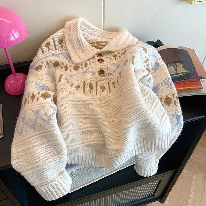 Women's Sweaters Japanese Lolita Knit Sweaters Women Sweet Fair Isle Pattern Collar Pullovers Harajuku Autumn Long sleeves Tops D260923