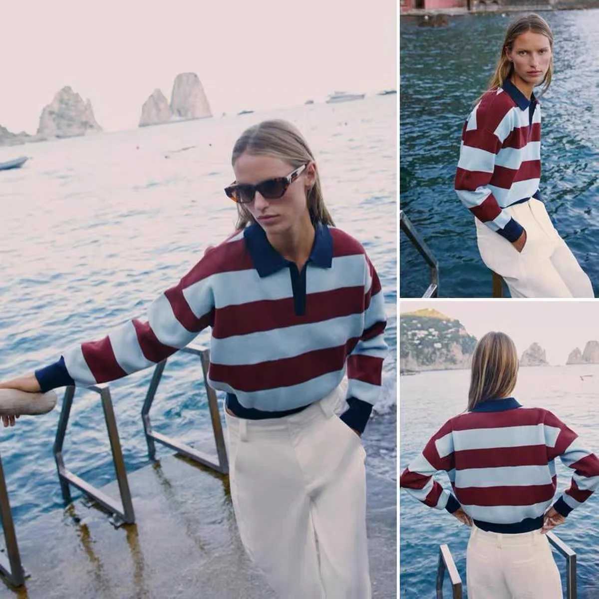 Women's Sweaters Early Autumn New Arrival Women's Fashionable Stripe Knitted Sweater Versatile Polyester Fiber Long Sleeve Crew Neck Pullo