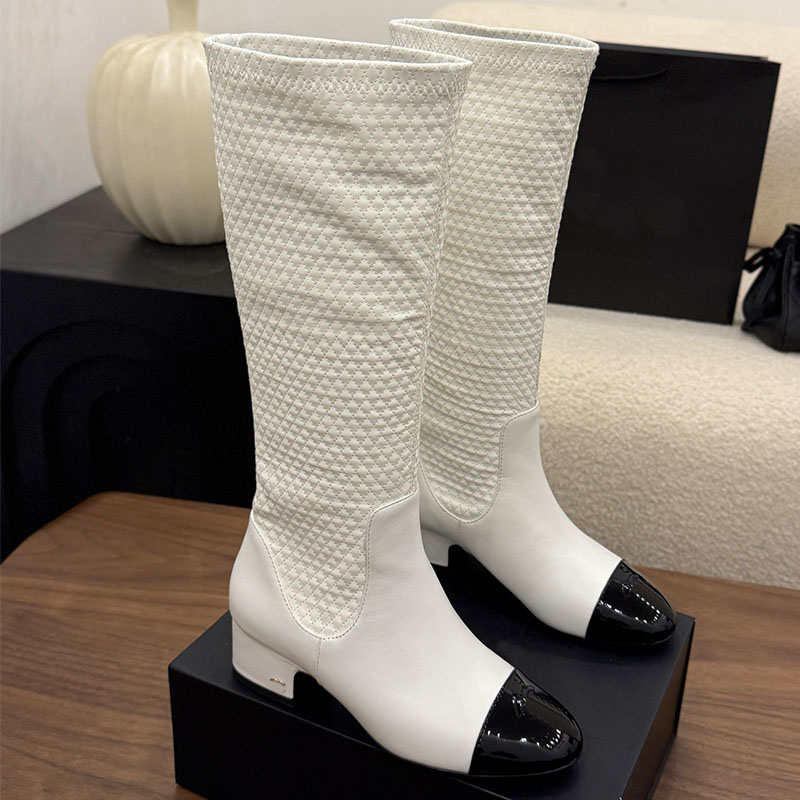 Fall Winter 2026 High Boots Designer Womens Color Blocked Knee Boots Diamond Grid Quilted Elastic Boots Low Heel Round Toe Autumn Winter Street Fash