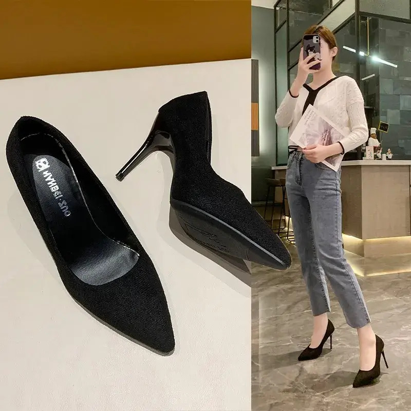 Women Casual Shoes Black High Heels Versatile Spring And Autumn French Women's Thin female sneakers 10Cm Sexy New Girl's Small Single Shoe