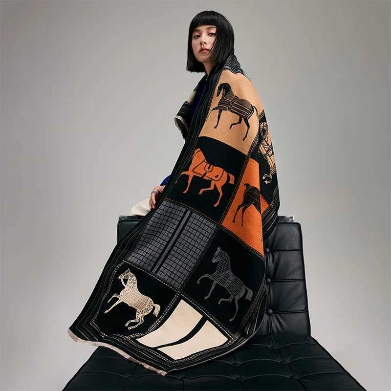 Autumn Winter Scarf Women Pashmina Shawls Horse Print Wraps Cashmere Blanket Warm Thick Chunky Stoles for Lady Outdoor Bufanda Z260922