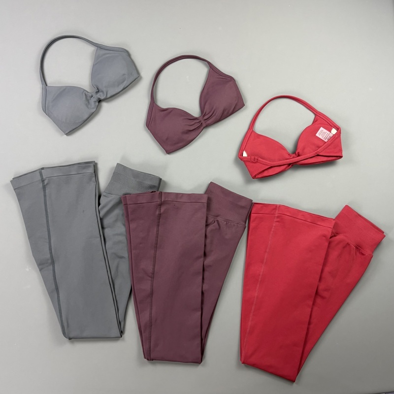 Sexy Women Flare Leggings Set Seamless Hip Lifting Fitness Flared Pants Suit Open Back Gym Strappy Bra Yoga Flares Legging Sets 26Y0923