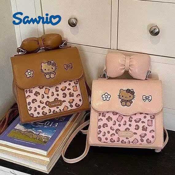 Sanrio Backpacks Korean-style leopard print cartoon Hello Kitty backpack a unique and sweet design with a cute bow a versatile small square bag L260