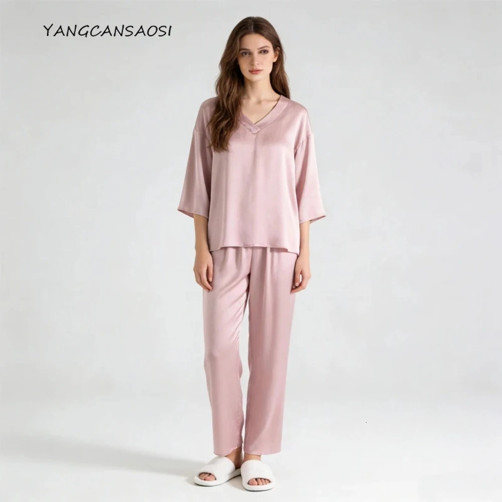 20MM 100% Natural Mulberry Silk Satin Pajama Set Women's Casual Solid Color V-neck Three-quarter Sleeve Home Suit 2026 260923