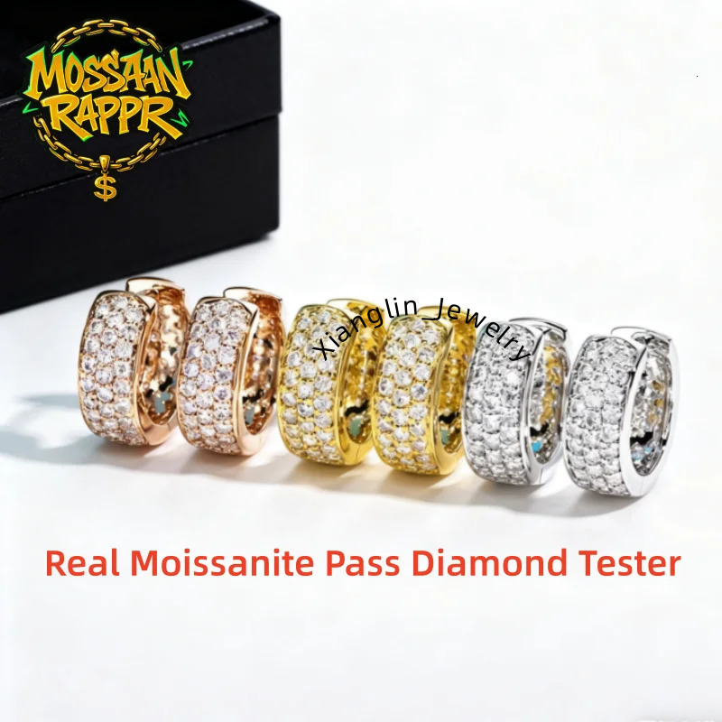 MossanRappr 1.4cttw Moissanite Iced Out Hoop Earrings 14K Gold Plated Hip Hop Earring Fashion Luxury Jewelry Gifts for Men Women