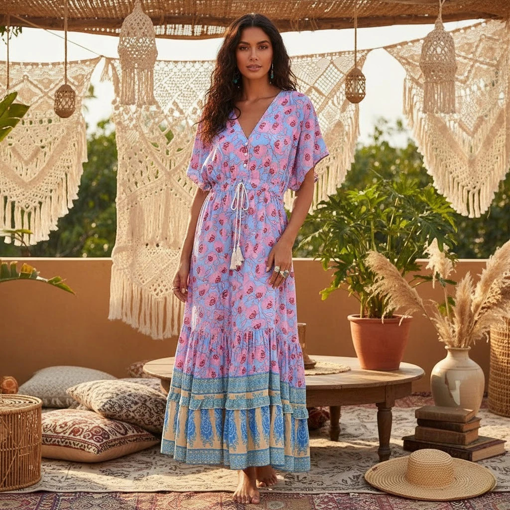 Vintage Chic Fashion Women Floral Print V-neck Beach Bohemian Evening Maxi Dress Ladies V Neck Tassel Summer Boho Dresses Robe 260918