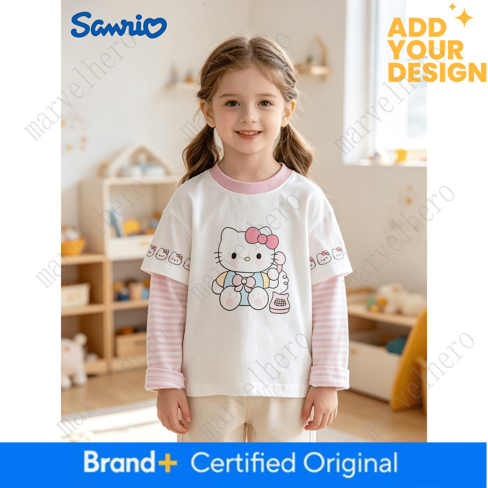 Sanrio Hello Kitty Girls Sleeve Two Piece Design T-shirt Spring And Autumn Holidays New Cute Printed Top Children Sweet Casual Clothing For Girls Ba
