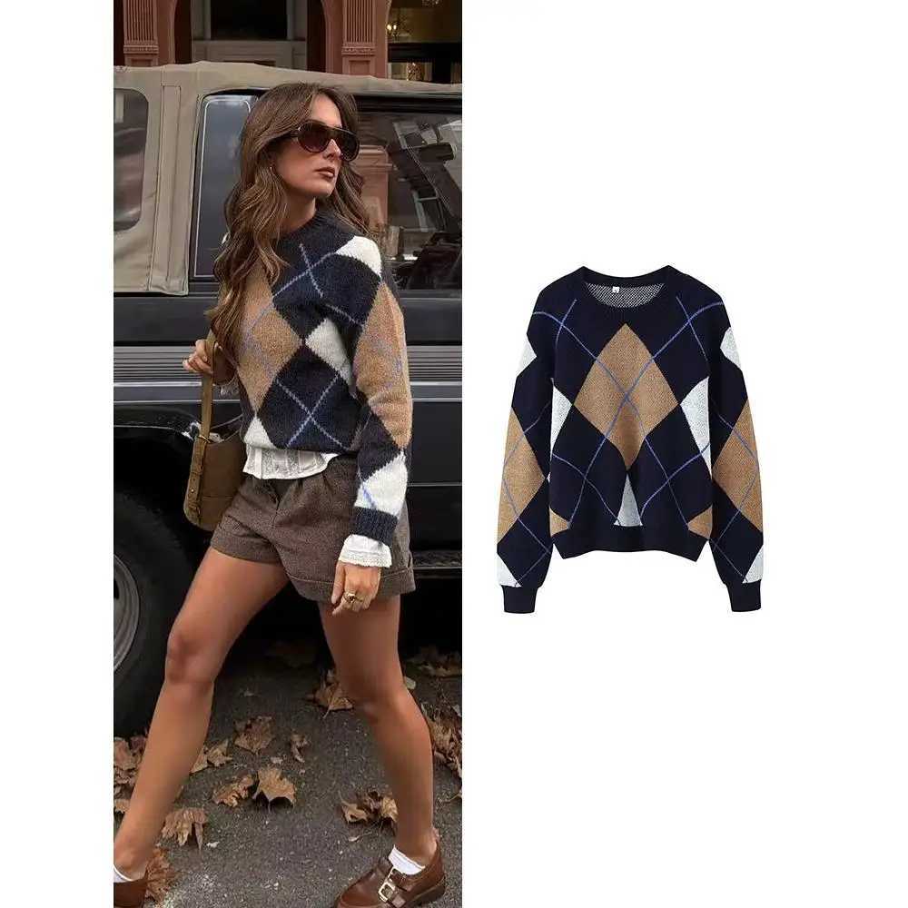 Women's Sweaters 2025 New Women Vintage British Style Knitted Top elegant Argyle Printed Fashion Pullover Sweater Casual Soft Ladies Knitwear D
