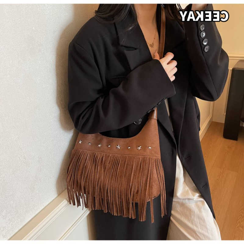 Cross Body CEEKAY Women's Hobo Bag Brown Suede Texture Large Shoulder Handbag Star Stud Fringe Detail Daily Commute Casual Vintage D260923