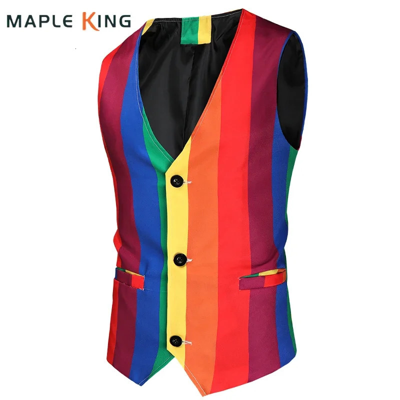 Mens Sleeveless Suit Vests Fashion Rainbow Striped Print Buttons Blazer Waistcoat Male Plus Size Formal Business Jacket Vest 4XL 260921