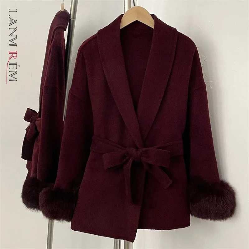 LANMREM Autumn Winter New Fur Cuff Shawl Collar Women's Double-faced Woolen Coatwith Belt High Quty Loose Short Overcoat S260923JU9H